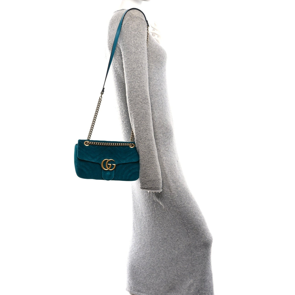 Velvet Matelasse Small GG Marmont Shoulder Bag Pavone Cyan