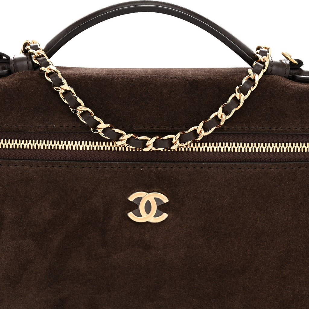 Suede Calfskin Large Top Handle Slim Vanity With Chain Dark Brown
