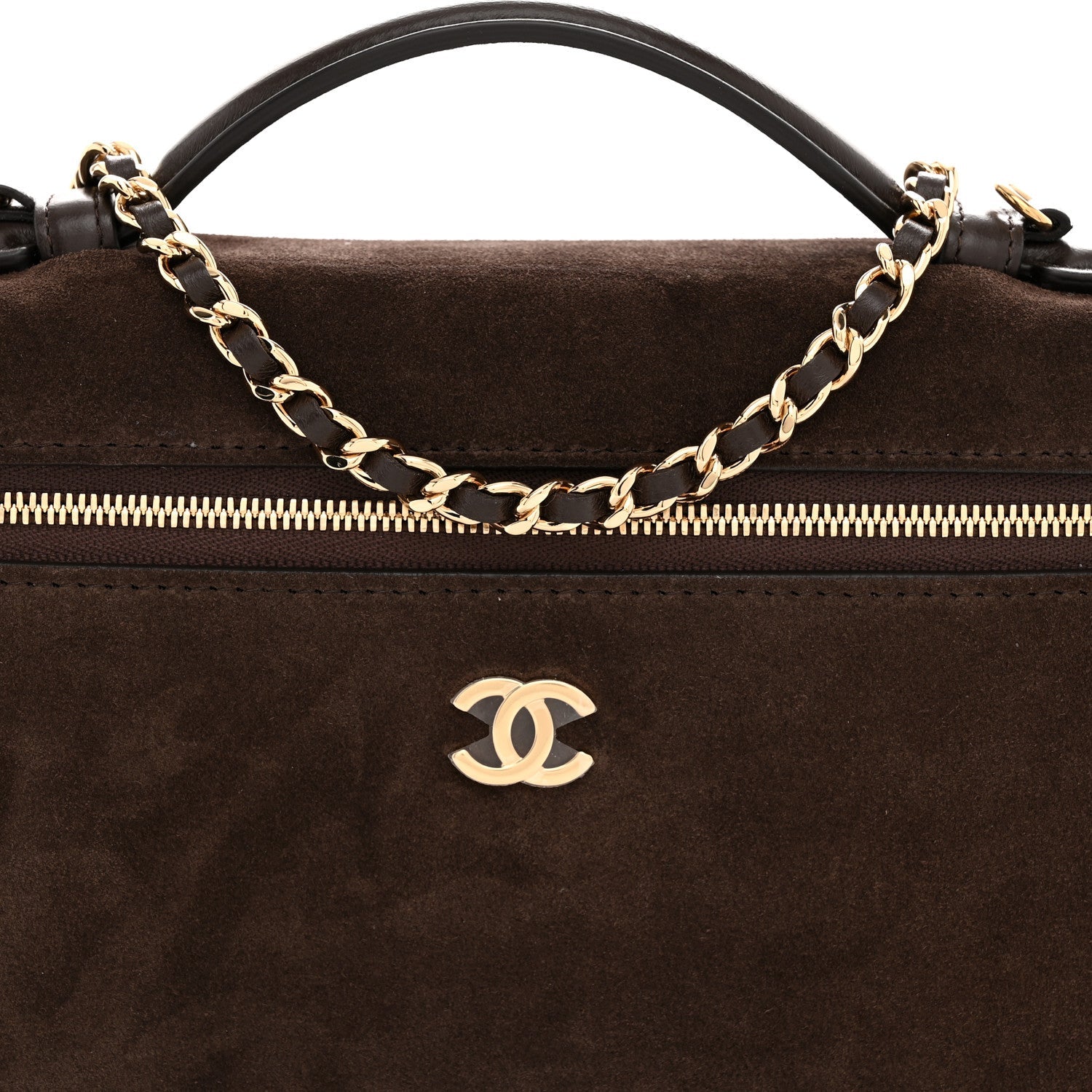 Suede Calfskin Large Top Handle Slim Vanity With Chain Dark Brown