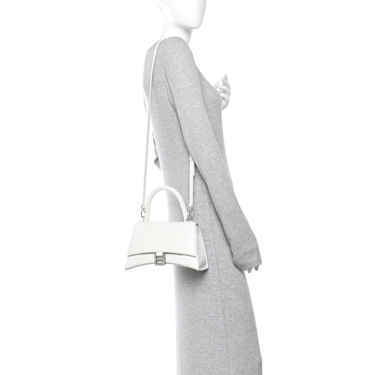 Calfskin Crocodile Embossed Small Hourglass Top Handle Bag White White