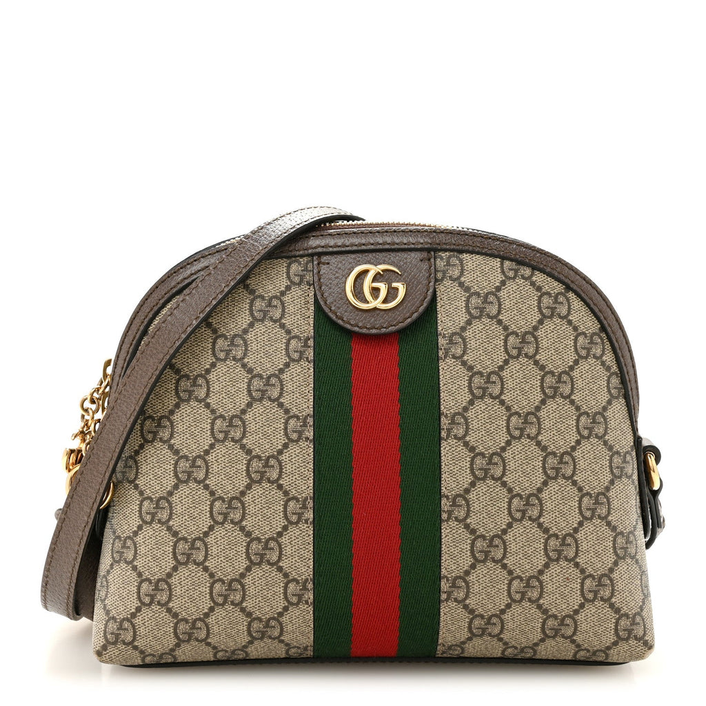 GG Supreme Monogram Textured Dollar Calfskin Web Small Ophidia Dome Shoulder Bag Beige Ebony New Acero