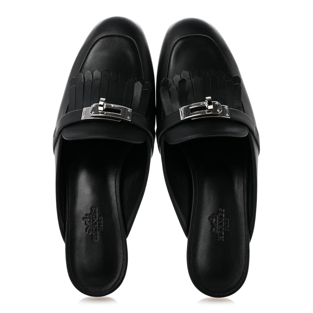 Calfskin Fringe Oz Mules 38.5 Black