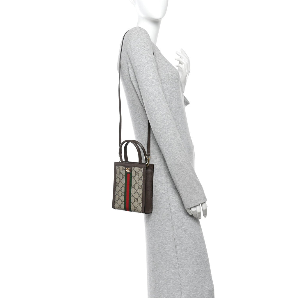 GG Supreme Monogram Textured Dollar Calfskin Web Super Mini Ophidia Mini Tote Bag Beige Ebony New Acero