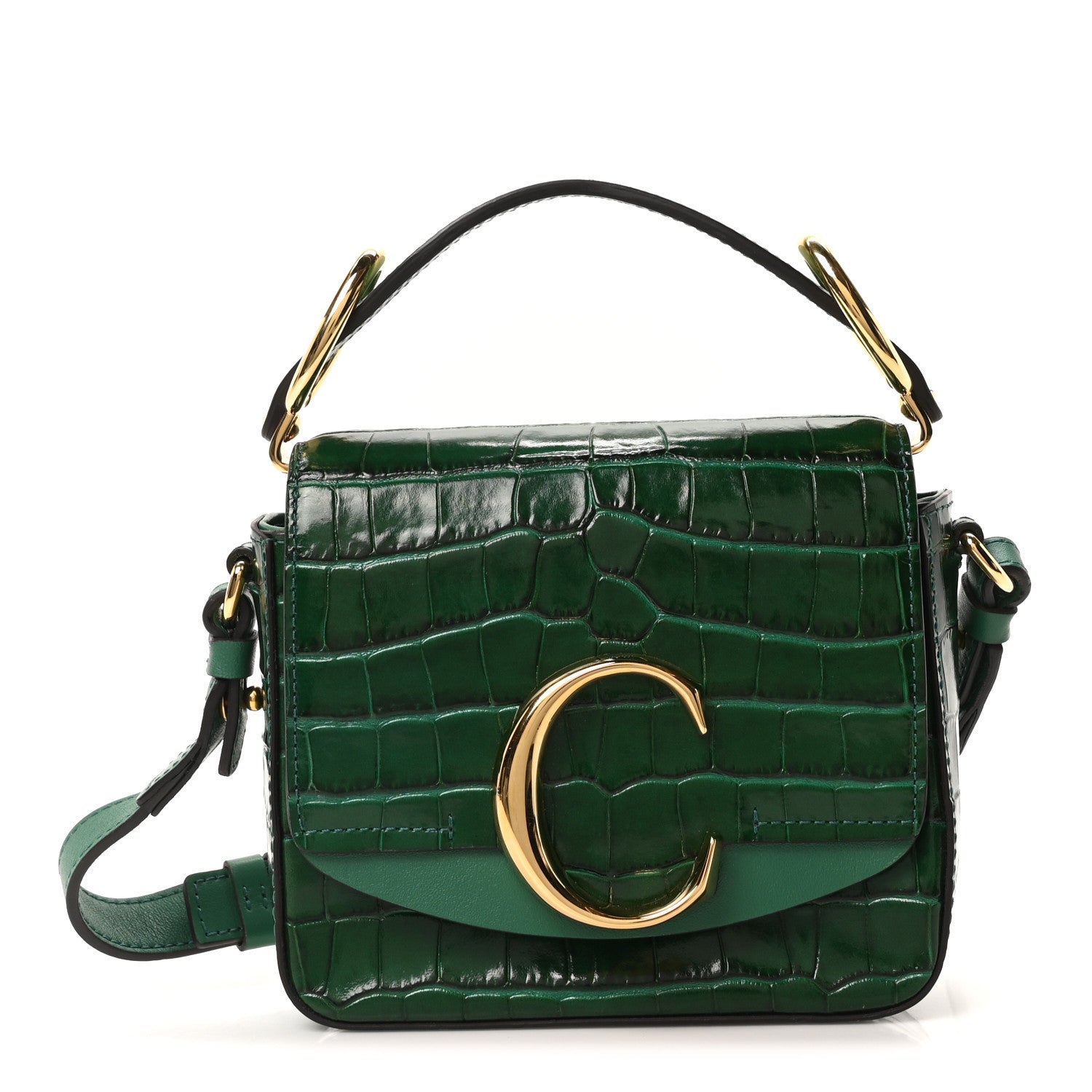 Calfskin Crocodile Embossed Mini C Double Carry Woodsy Green