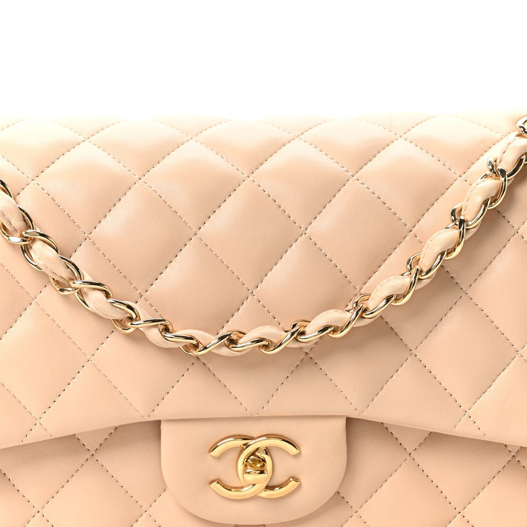 Lambskin Quilted Jumbo Double Flap Beige