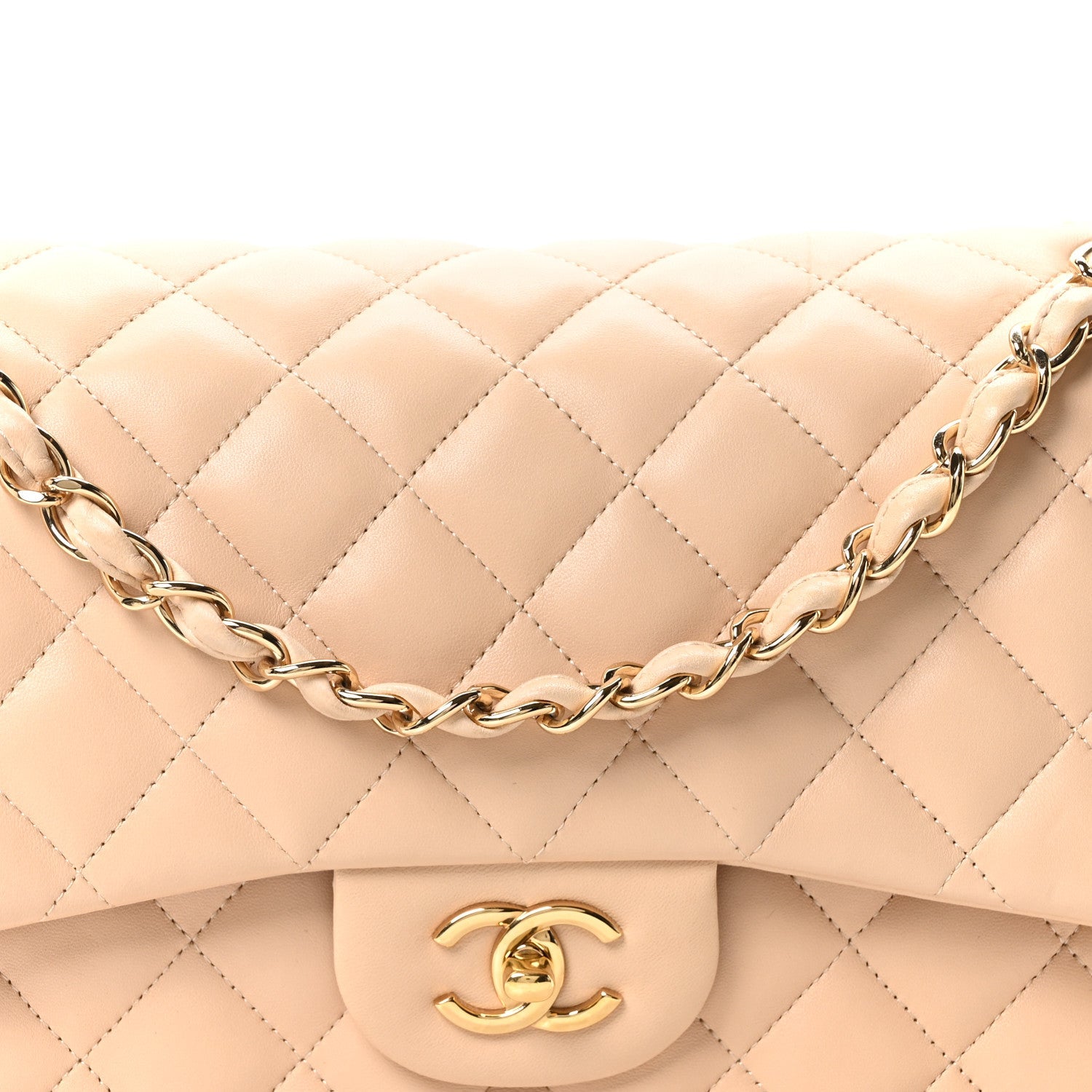 Lambskin Quilted Jumbo Double Flap Beige