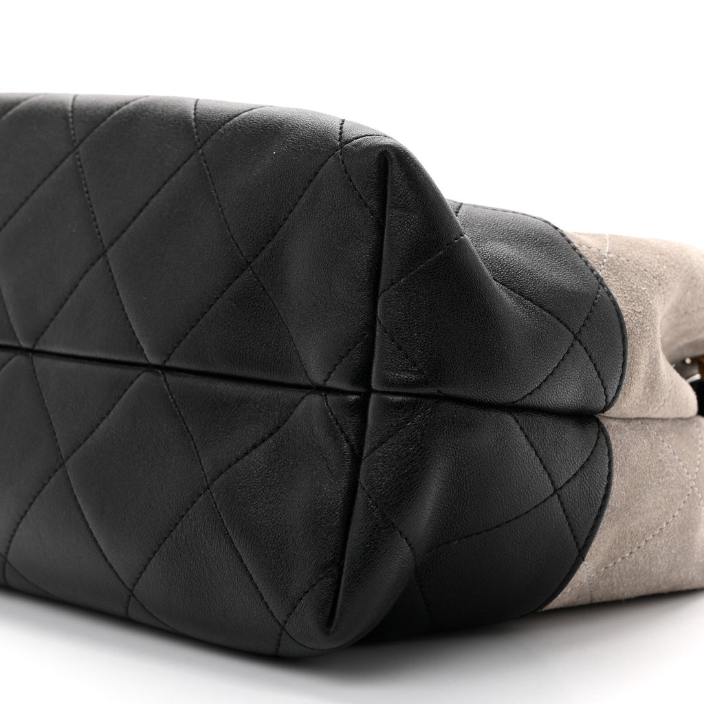 Suede Calfskin Shiny Lambskin Quilted Large Coco Base Shopping Bag Grey Black