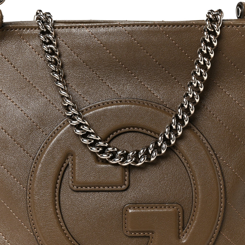 Sakai Be Green Calfskin Diagonal Stitched Small Blondie Tote Craclet Brown