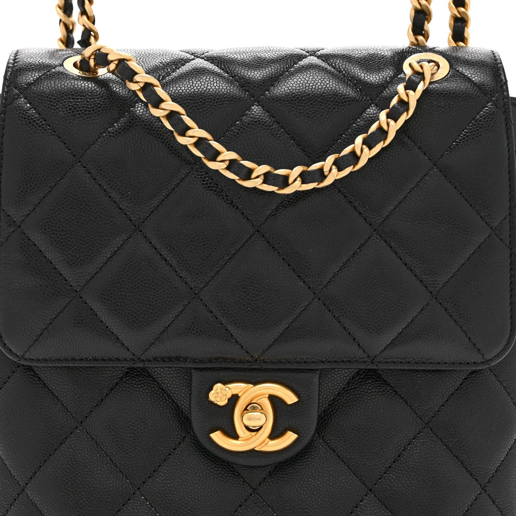 Caviar Quilted Camellia Chain Around Backpack Black