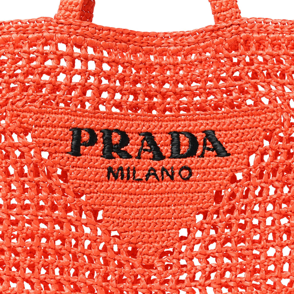Yarn Raffia Effect Crochet Logo Embroidered Tote Bag Arancio