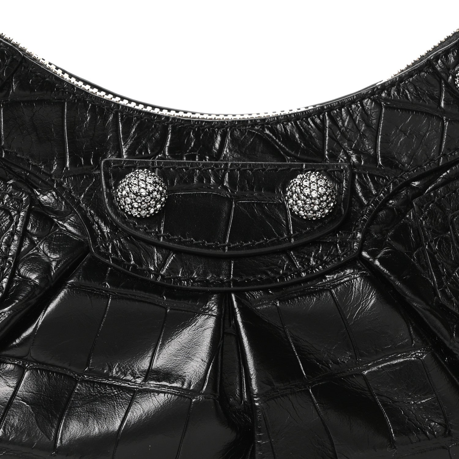 Extra Supple Calfskin Crystal Crocodile Embossed Le Cagole Shoulder Bag XS Black