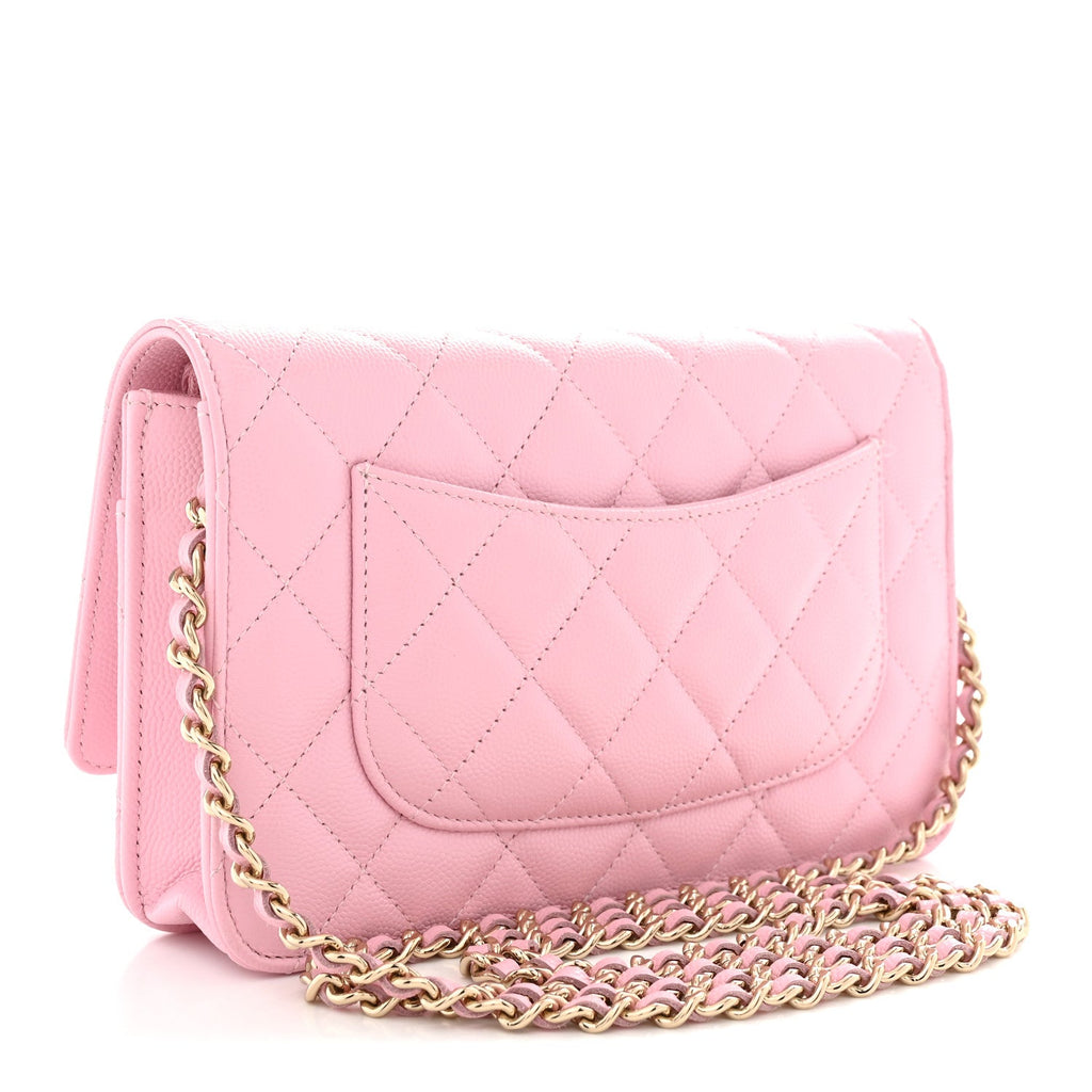 Caviar Quilted Textured CC Wallet on Chain WOC Light Pink