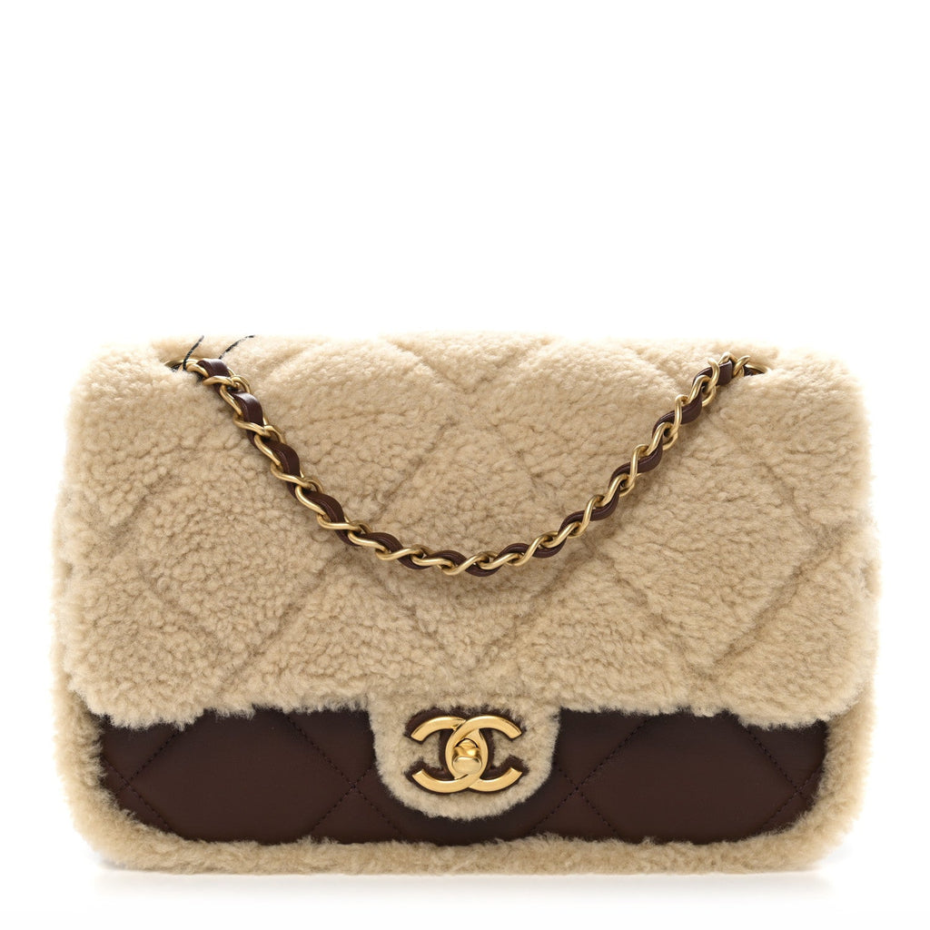 Shearling Lambskin Quilted Furry Coco Flap Beige Dark Brown
