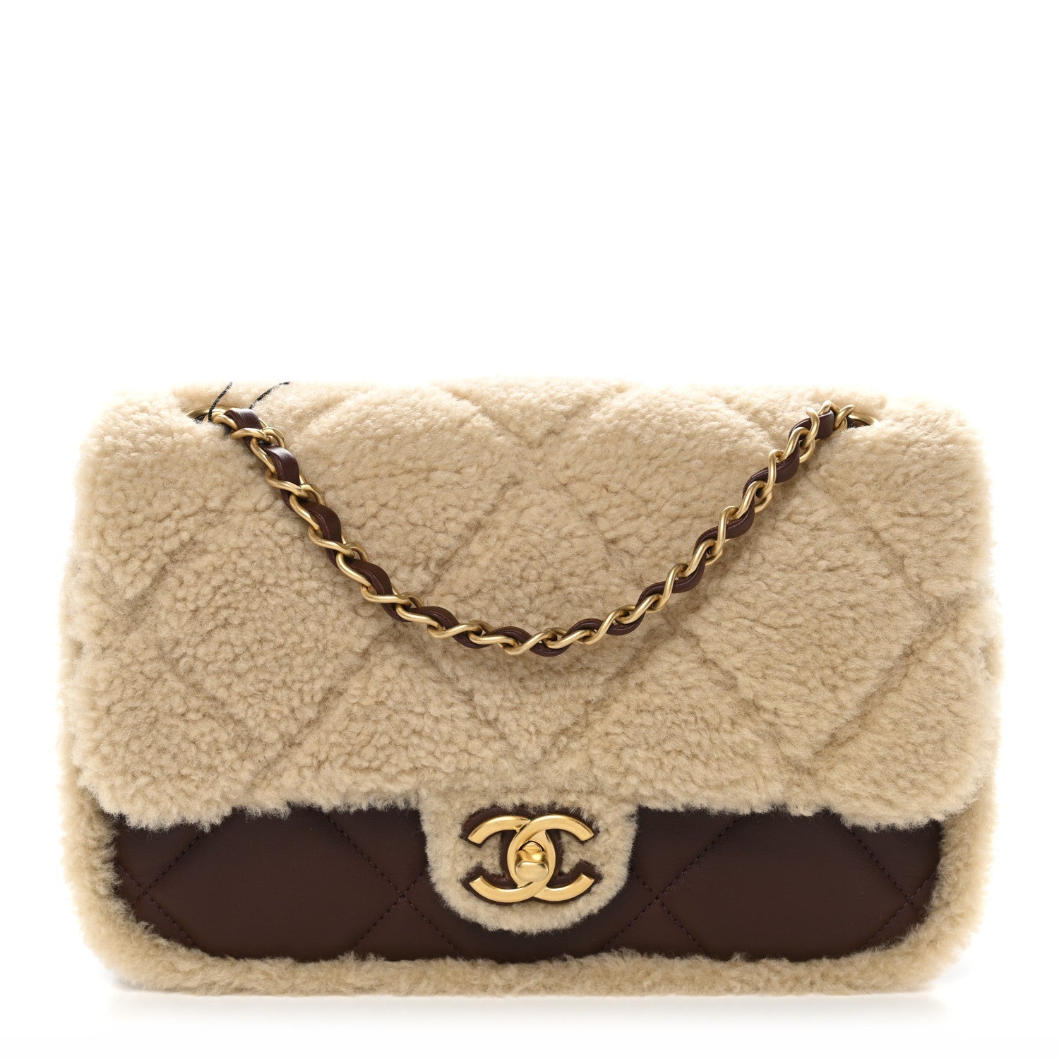 Shearling Lambskin Quilted Furry Coco Flap Beige Dark Brown