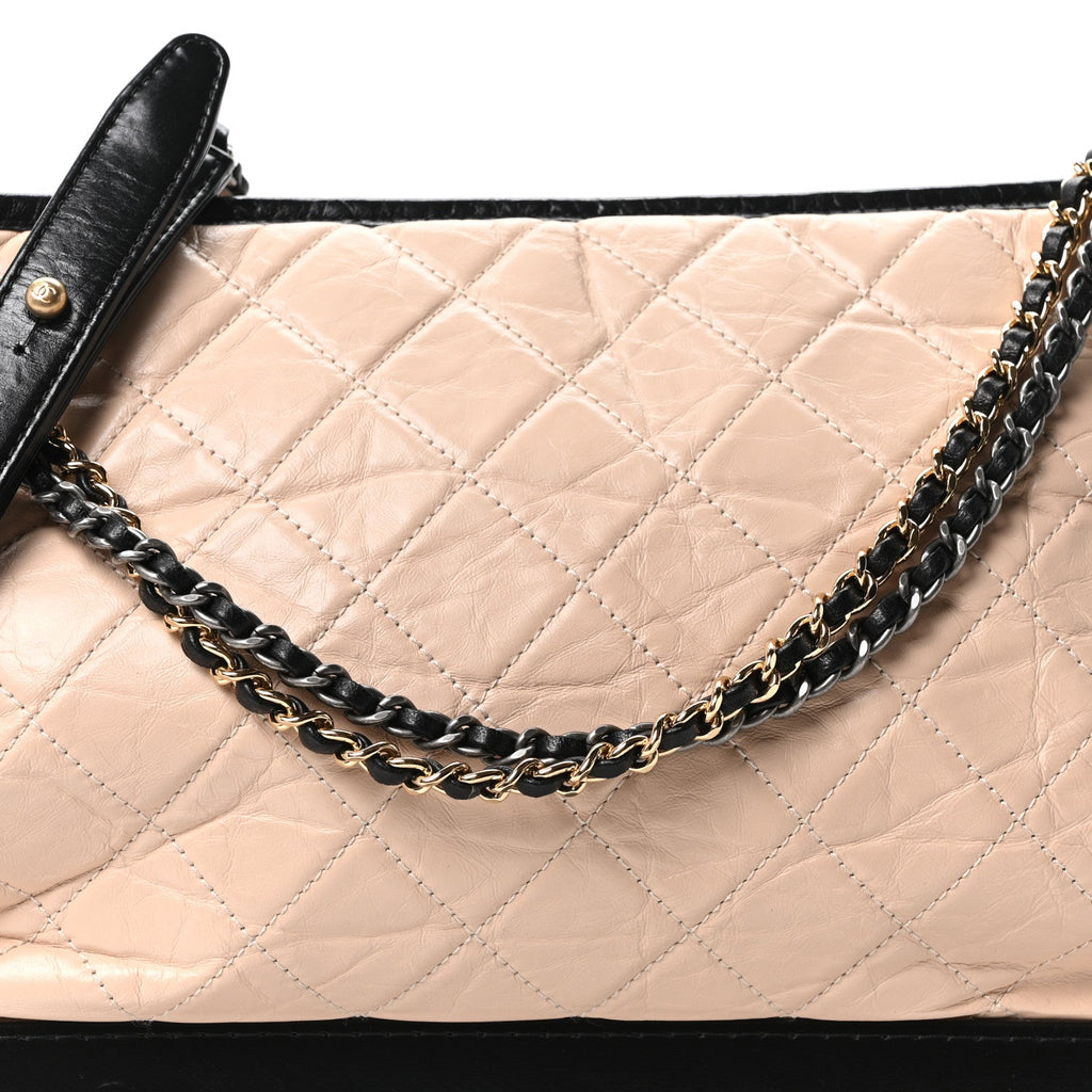 Aged Calfskin Quilted Large Gabrielle Hobo Beige Black