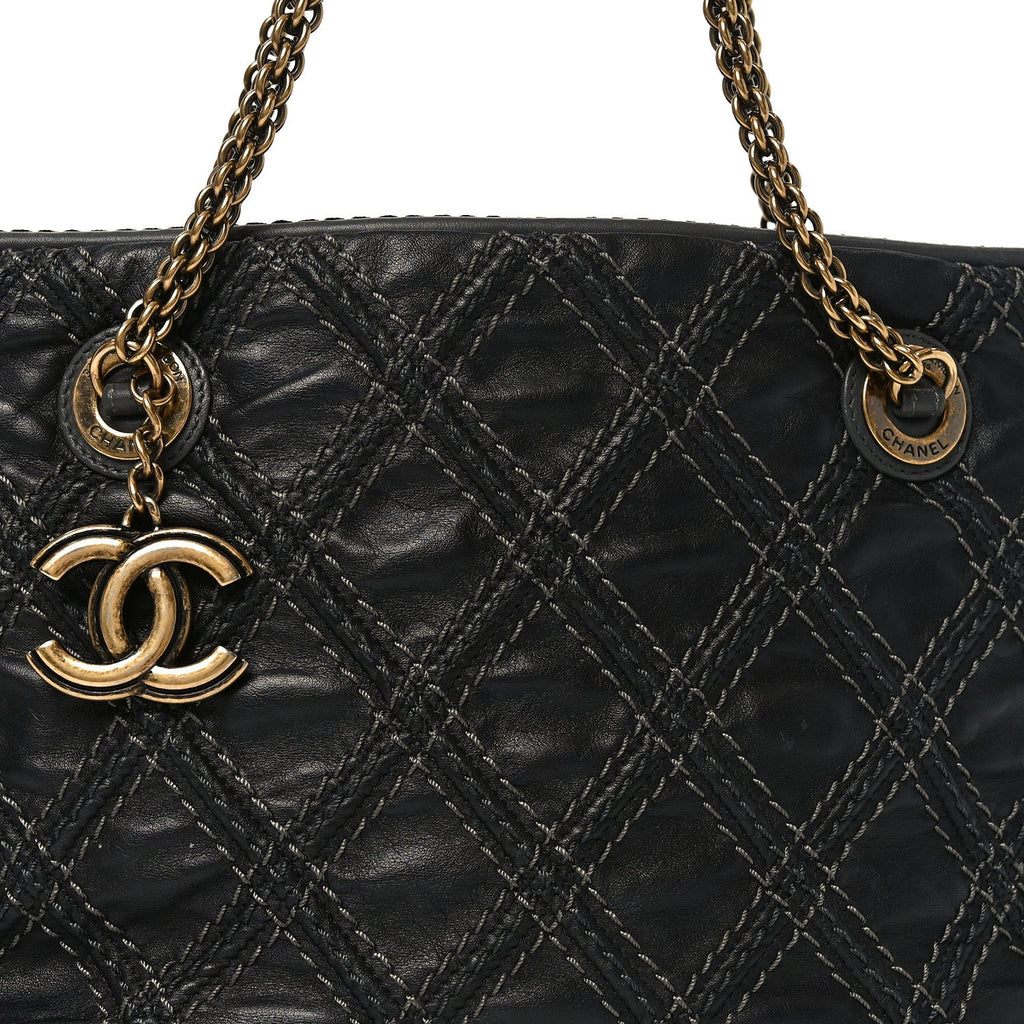 Calfskin Quilted Stitch Triptych Tote Black