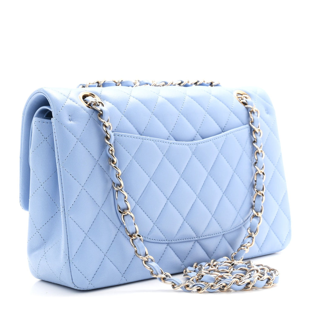 Lambskin Quilted Medium Double Flap Light Blue