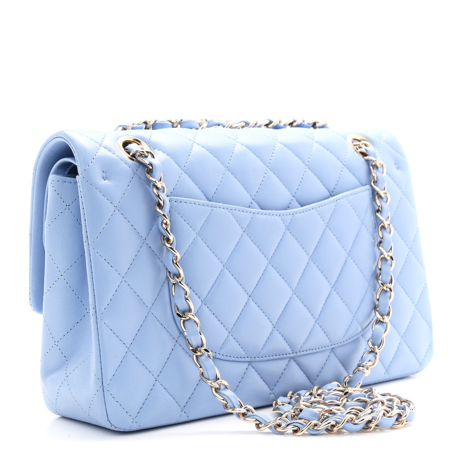 Lambskin Quilted Medium Double Flap Light Blue