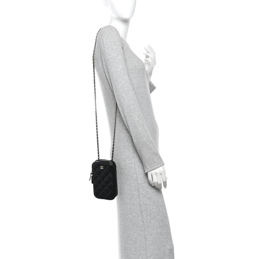 Caviar Quilted Phone Holder Wallet On Chain WOC Black Black