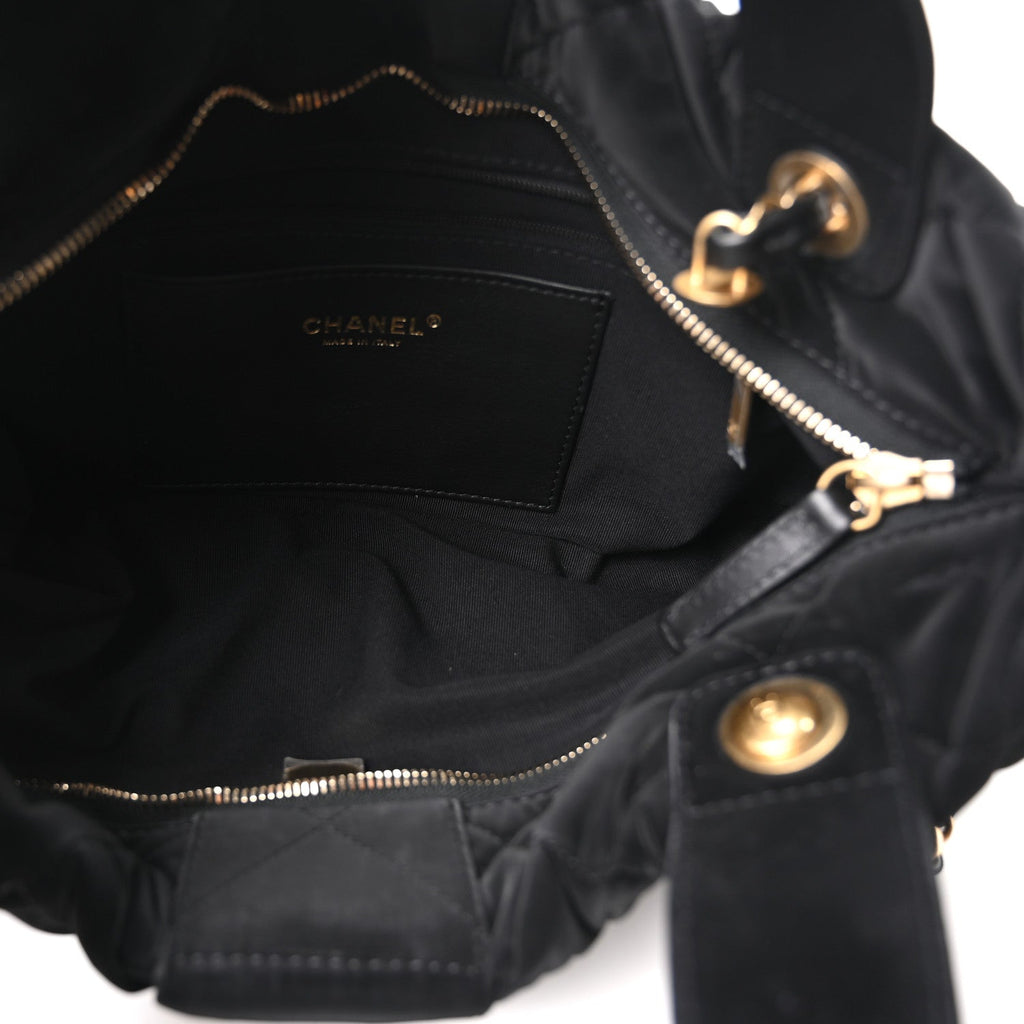 Velvet Effect Nylon Quilted Bow Bag Black