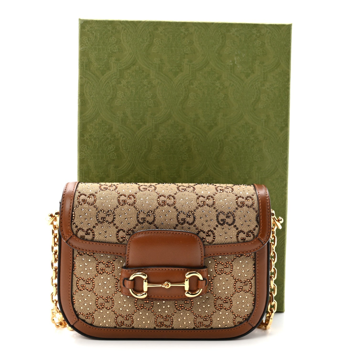 New Canvas Charisma Calfskin Crystal GG Monogram Mini Horsebit 1955 Shoulder Bag Camel Ebony