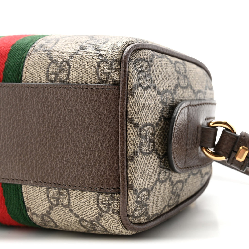 GG Supreme Monogram Textured Dollar Calfskin Web Super Mini Ophidia Top Handle Bowler Bag Beige Ebony New Acero