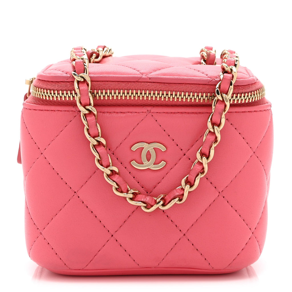 Lambskin Quilted Mini Vanity Case With Chain Pink