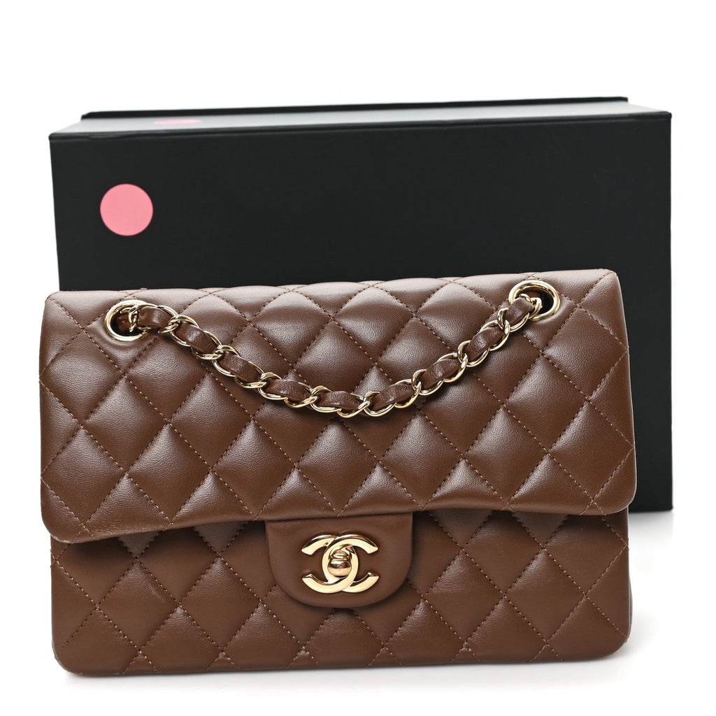 Lambskin Quilted Small Double Flap Dark Brown