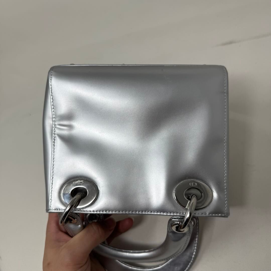 Dior Mini Metálico Plateado Patente Lady Dior Plata Cuero Charol B21-77