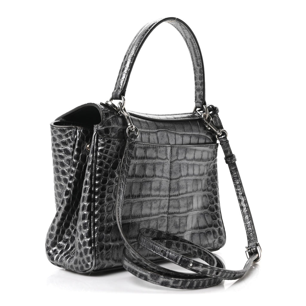 Metallized Calfskin Crocodile Embossed Mini Rodeo Top Handle Handbag Gunmetal