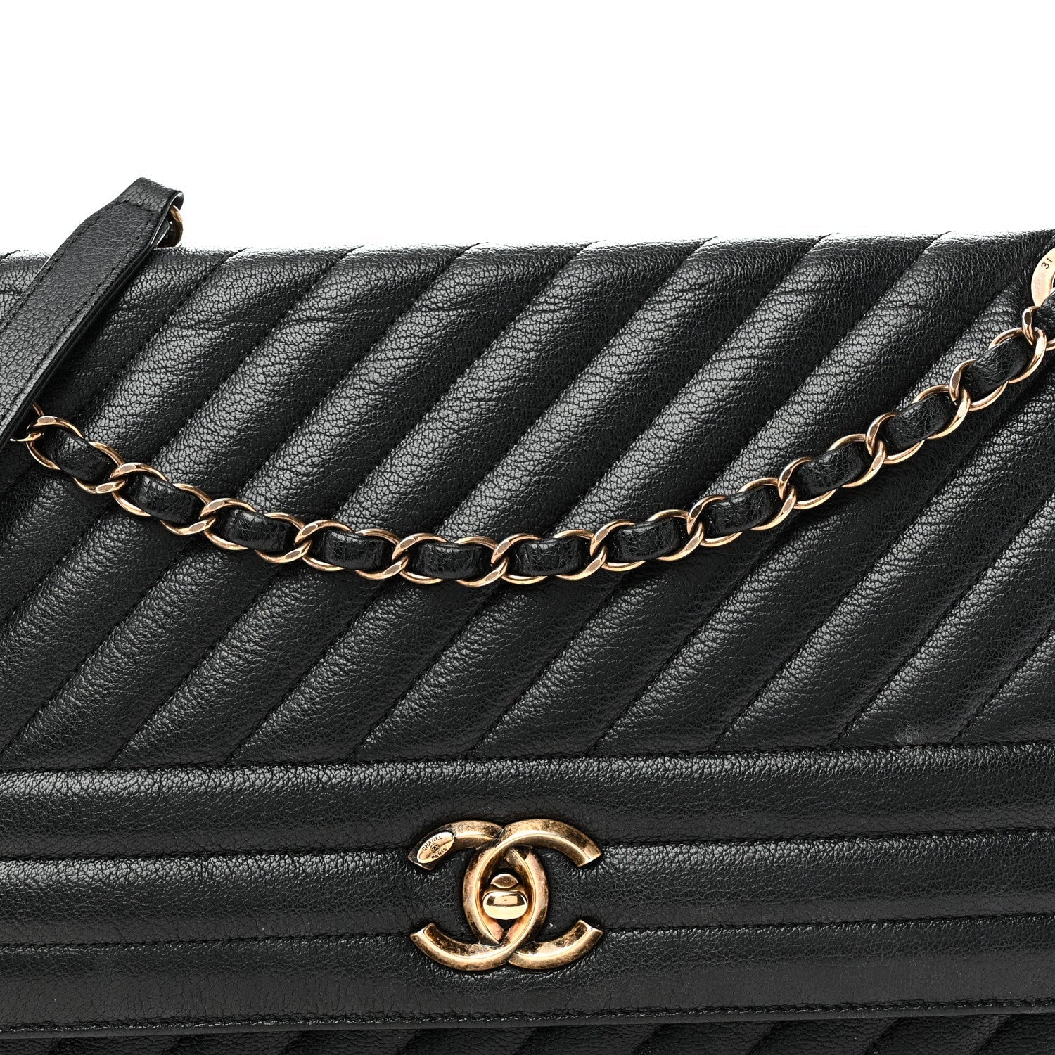 Shiny Goatskin Diagonal Quilted Large Flap Black