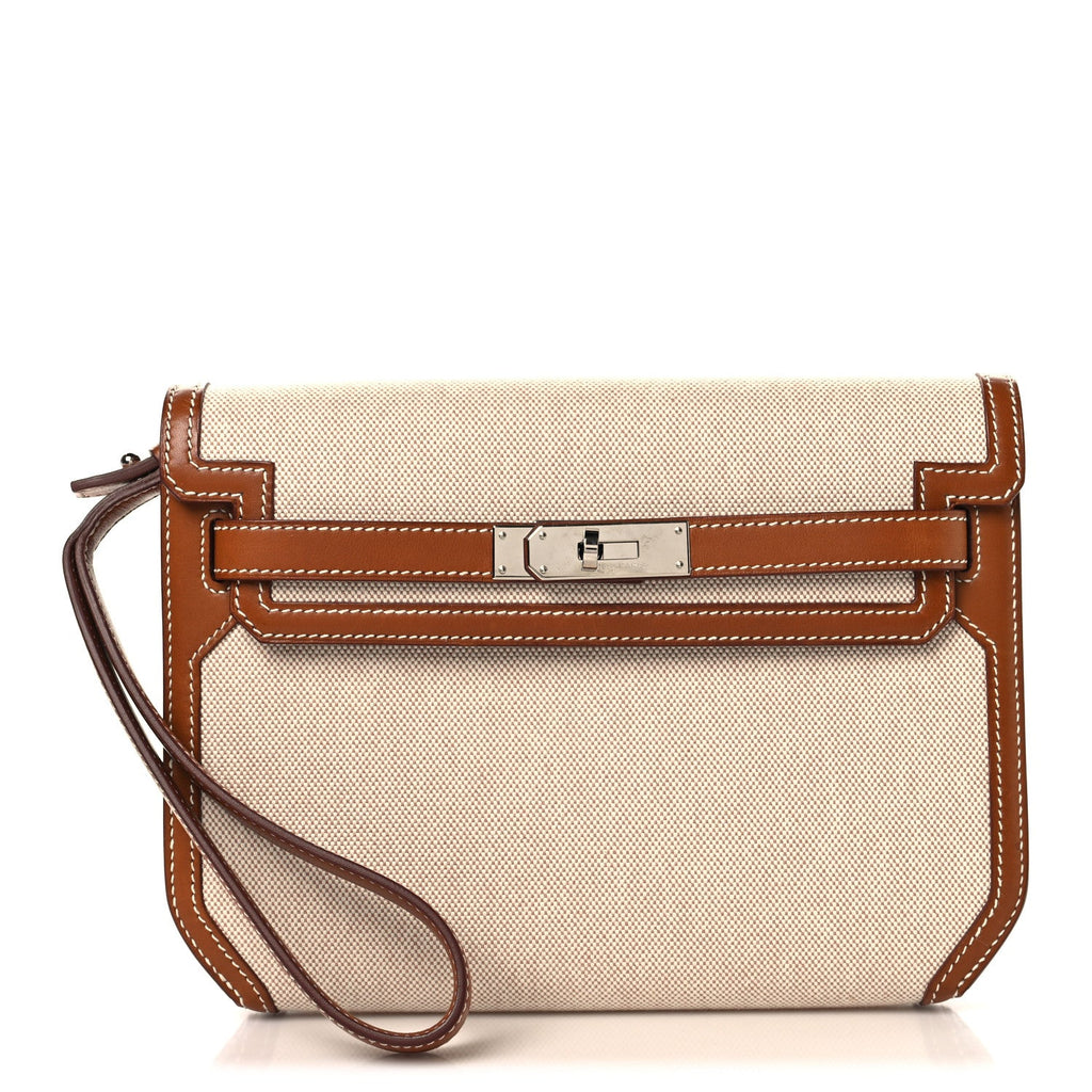 Toile H Barenia Kelly Depeches 25 Pouch Ecru Beige Fauve