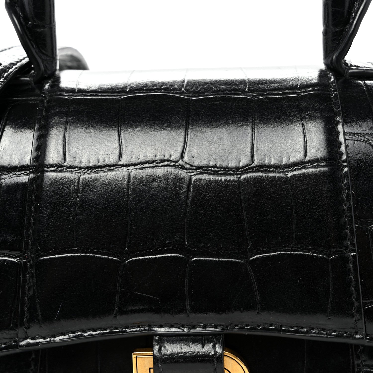 Shiny Calfskin Crocodile Embossed Hourglass Top Handle Bag XS Black