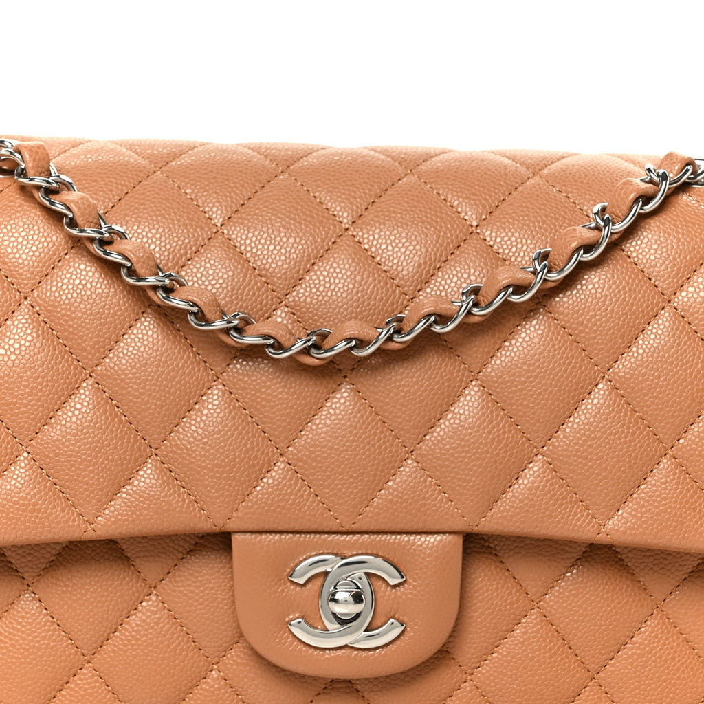 Caviar Quilted Medium Double Flap Light Brown