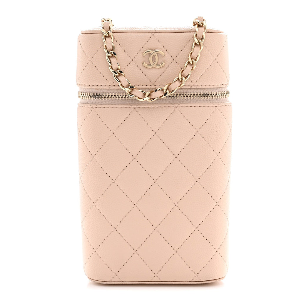 Caviar Quilted Phone Holder With Chain Light Pink