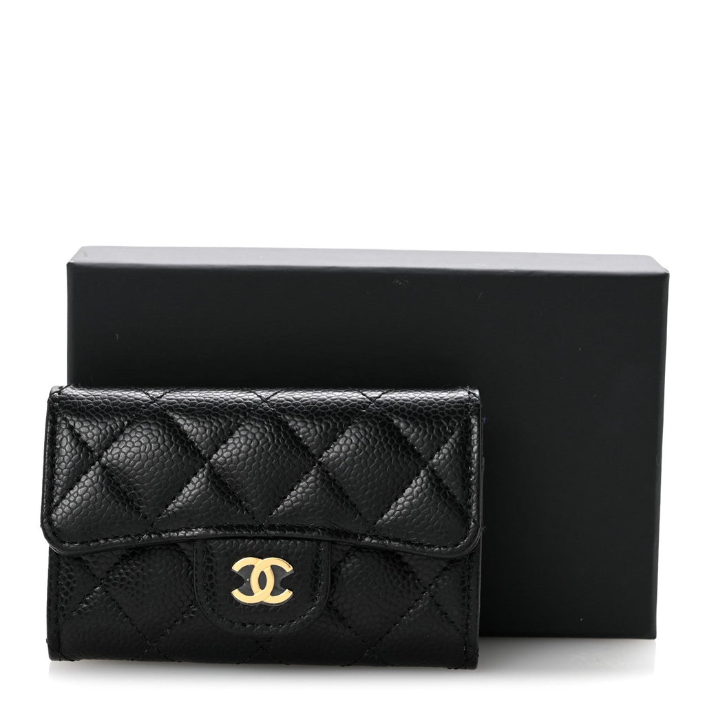 Caviar Quilted Flap Card Holder Wallet Black