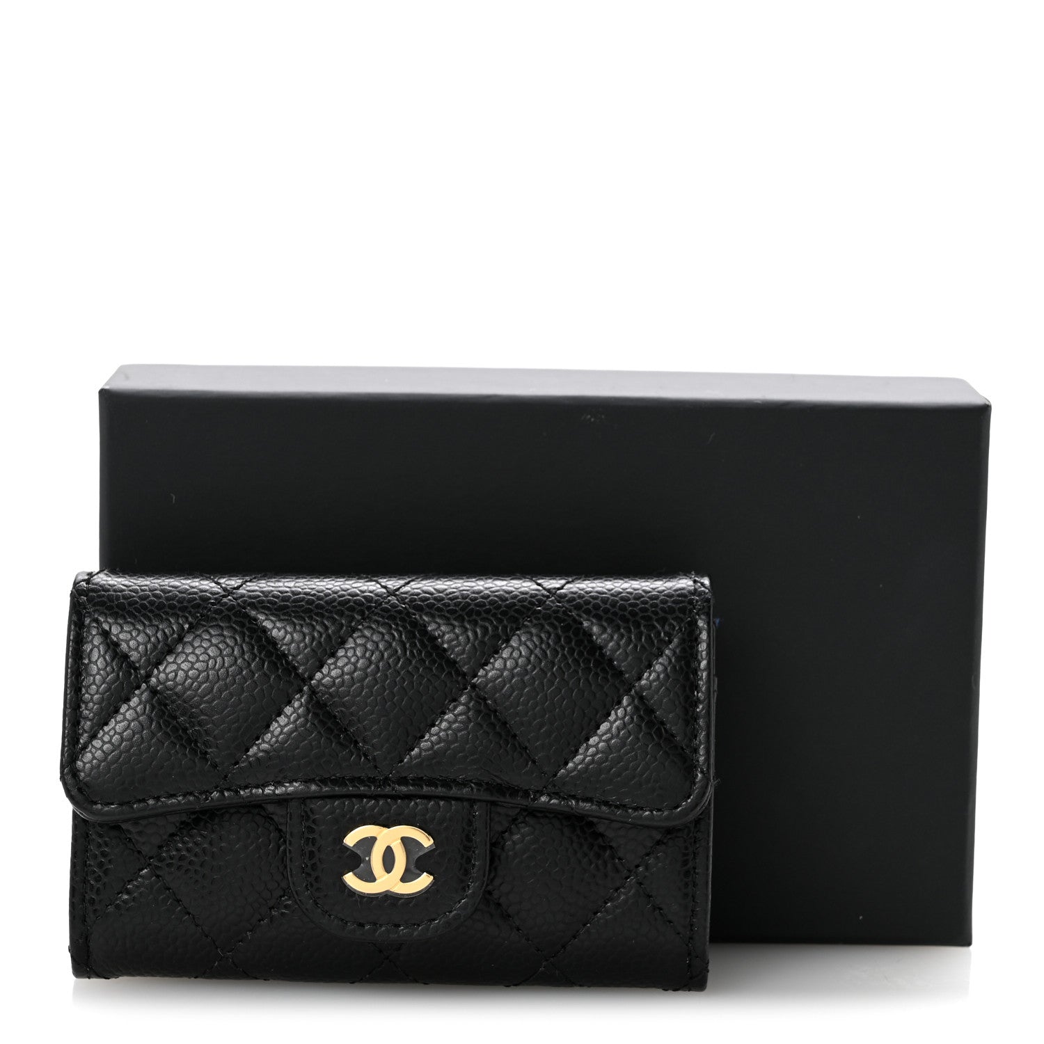 Caviar Quilted Flap Card Holder Wallet Black