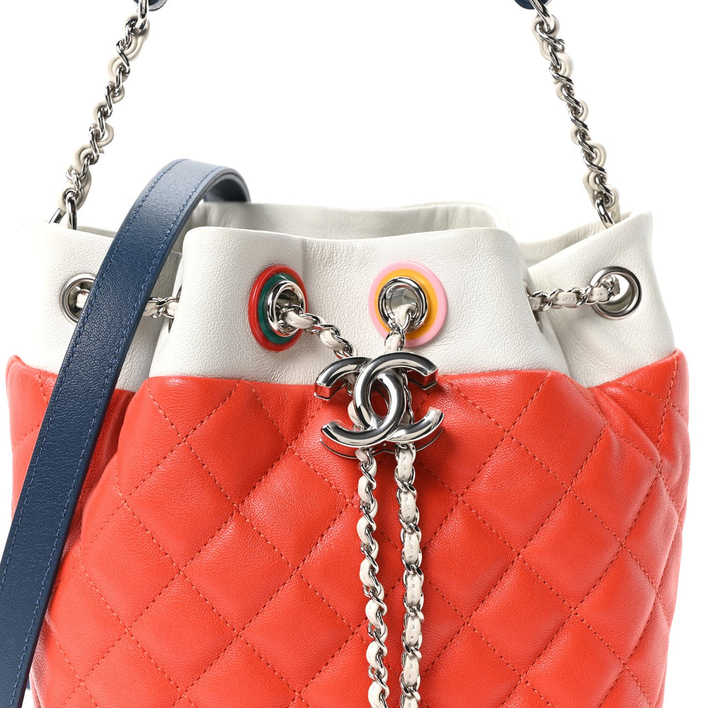 Lambskin Quilted Cuba Drawstring Tote Red White Blue