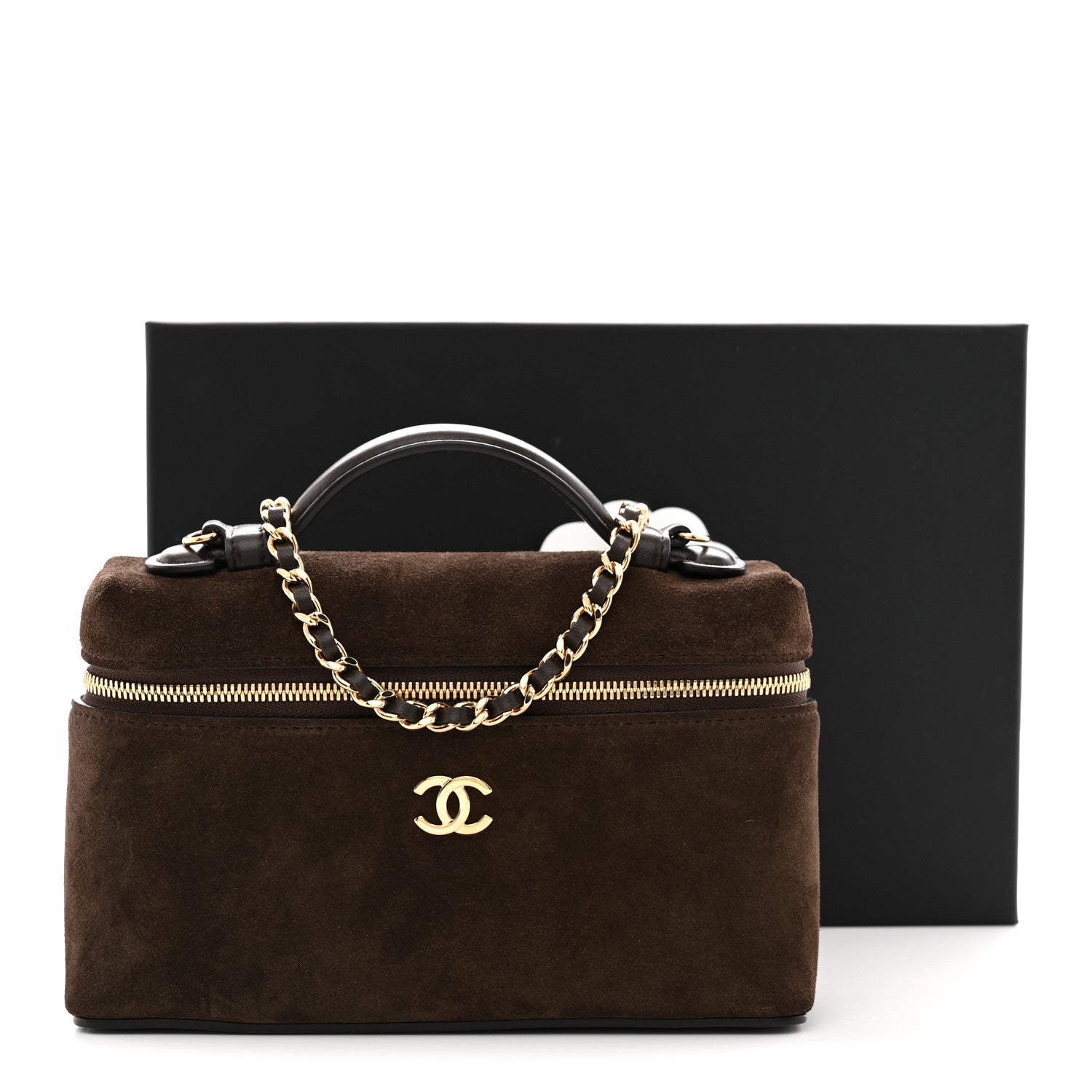 Suede Calfskin Top Handle Trapeze Small Vanity Case With Chain Dark Brown