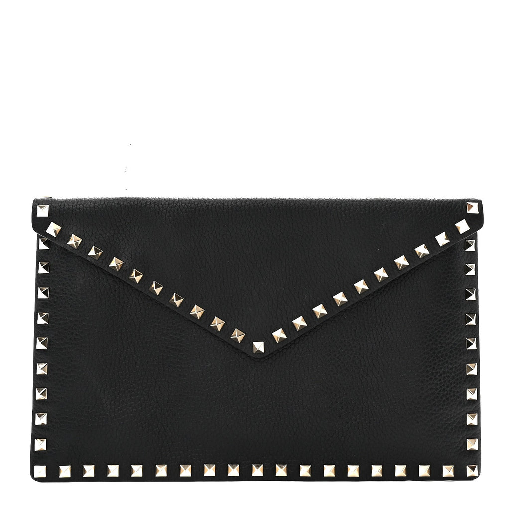 Pebbled Calfskin Large Rockstud Envelope Clutch Black
