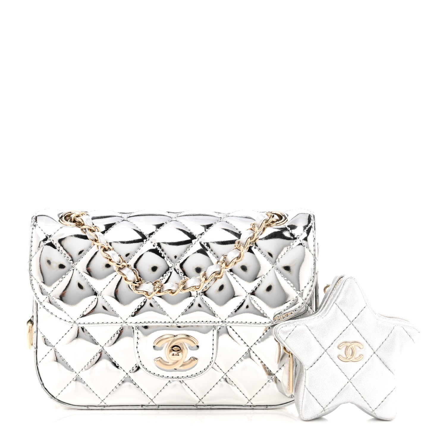 Mirror Calfskin Metallic Calfskin Quilted Hollywood Boulevard Mini Flap With Star Coin Purse Silver