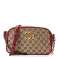 Monogram Azalea Calfskin Matelasse Diagonal Small GG Marmont Chain Shoulder Bag Beige Ebony New Cherry Red