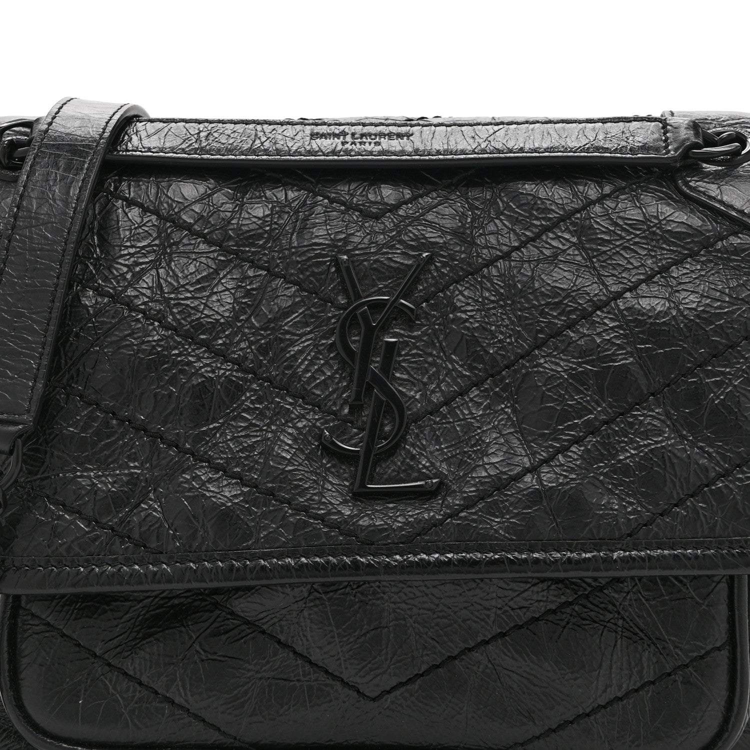 Crinkled Calfskin Matelasse Monogram Baby Niki Chain Satchel Black