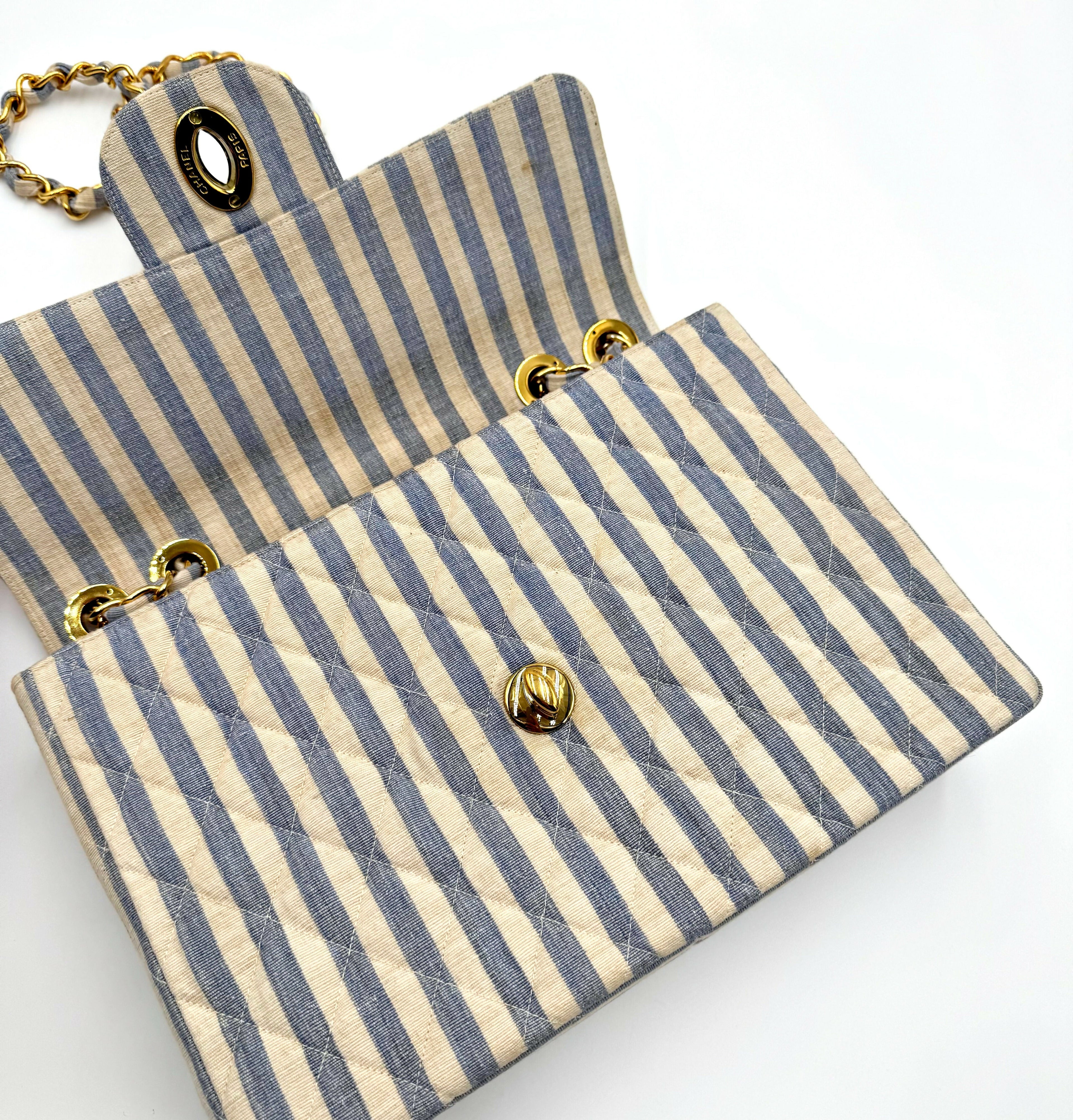 Chanel Vintage 1990s Jumbo Blue and White Striped Linen and Cotton Classic Flap Bag