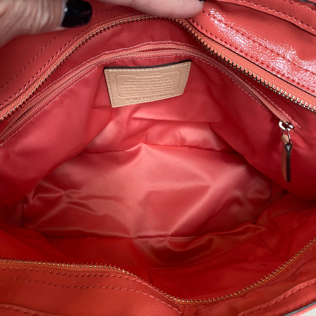 COACH Straw Floral Embellished Zip Top Tote Bag Coral Pink Patent Leather Trim Shoulder Bag