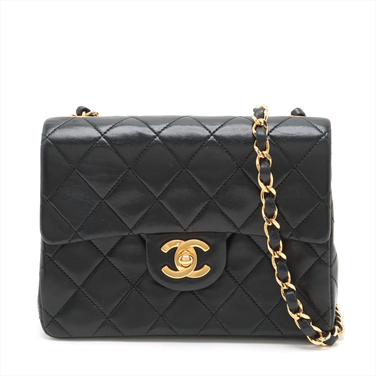 Chanel Mini Vintage Square Single Flap Lambskin 24k Gold Black Bag