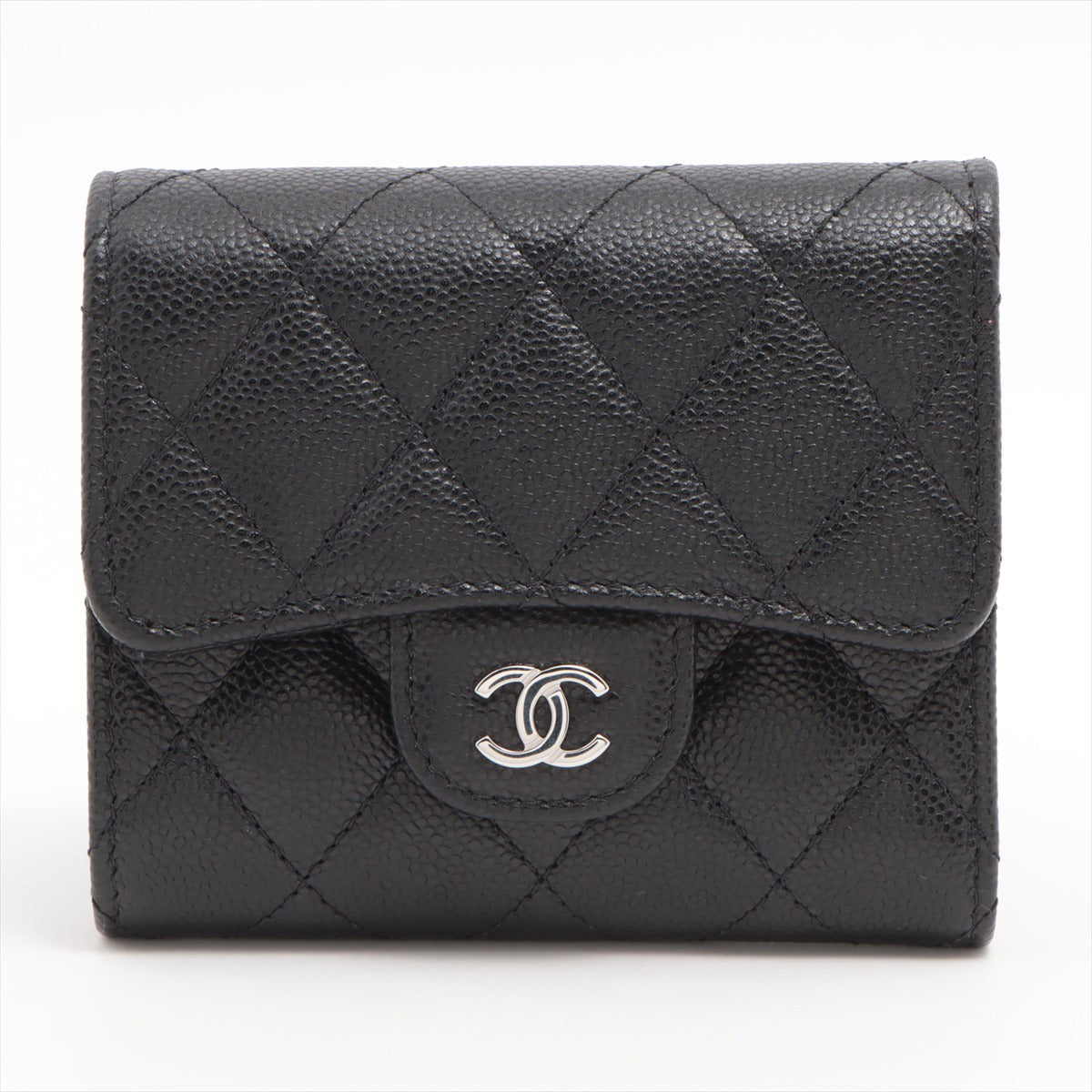 Black Classic Caviar Compact Wallet (Silvertone Metal Hardware) (Rented Out)