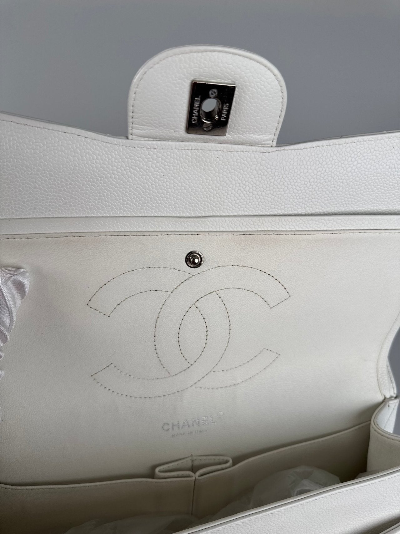 Chanel White Jumbo Classic Double Flap Bag in Caviar Leather with Silver Hardware