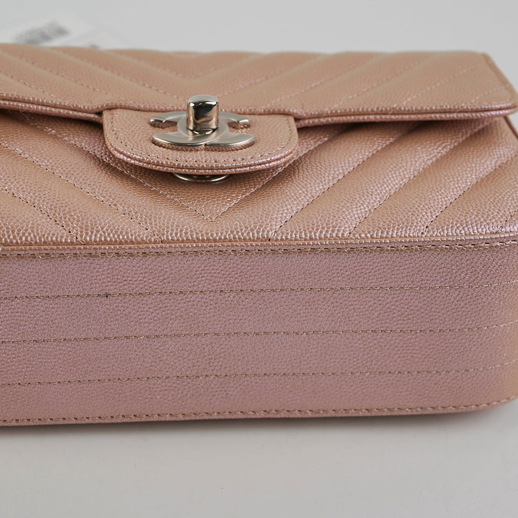 Chanel Mini Rectangular Chevron Caviar Rose Gold Iridescent