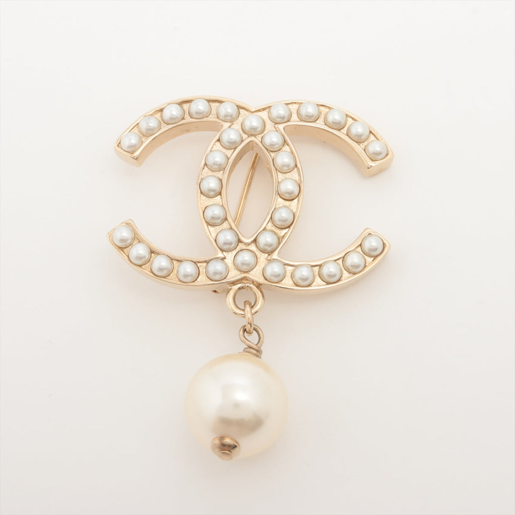 Chanel Coco Logo Gold Pearl Drop Brooch Costume Jewellery
